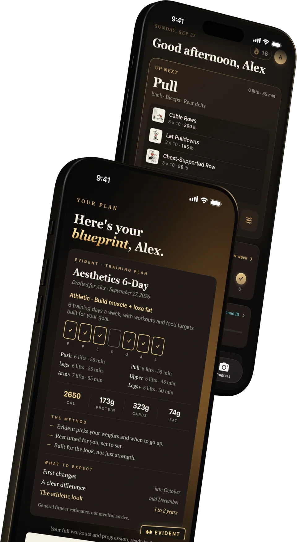Evident's Today screen and the plan reveal on two iPhones
